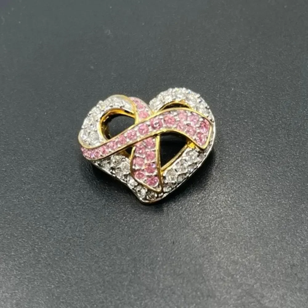 Swarovski Signed SWAN Goldtone Crystals Breast Cancer Ribbon Hope & Heart Brooch